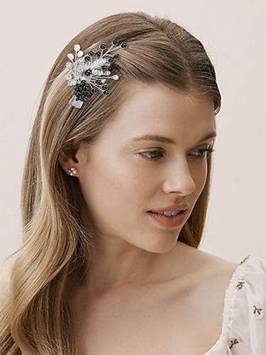 Miniatura 8 de Casdre Pinzas para el pelo de novia de cristal plateado, accesorios para el cabello de boda, pieza de pelo de hoja para mujeres y niñas (C negro)