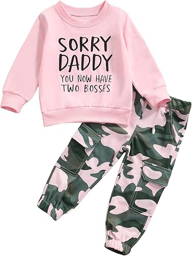 Mandizy Conjunto de ropa de otoño para bebé niña pequeña, sudadera de manga larga con estampado de letras bendecidas, pantalones de camuflaje