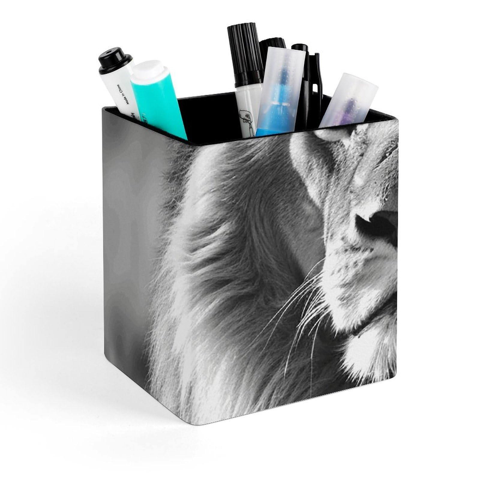 FekiLoot African Lion Black And White Pencil Holder Square Leather Pen Holder Cup Modern Multi-Functional Pencil Cup Holder Decorative Desk Organizer Caddy Makeup Brush Holders for Desk Office