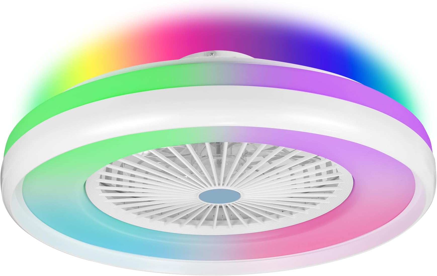 RGB Ceiling Fan with Light, 24'' Low Profile Ceiling Fans, Flush Mount LED Fan Light with Remote Control, Modern Bladeless Fandelier for Bedroom, Living Room, Kitchen (White, 24")