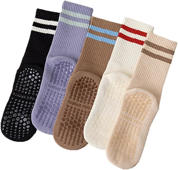 SOXURY Pilates Socks for Women 5 Pairs - Non Slip Grip Socks with Terry Thick Cushioned Sole - Ideal for Yoga, Barre, Gym Workouts Sweat-absorbent Stockings Cotton