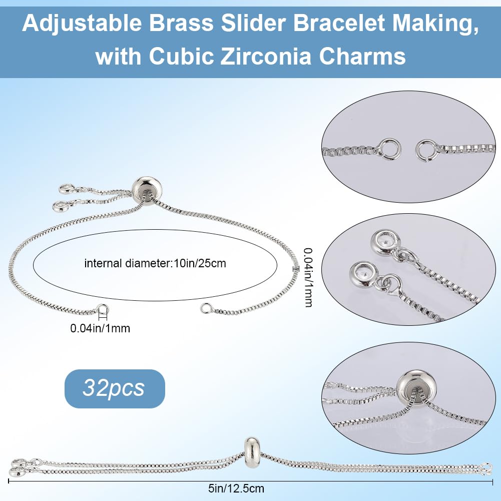 1 Caja 32 Piezas Pulsera Cadena Deslizante Pulsera de Cadena Deslizante Ajustable Cadenas Extensoras de Platino con Diamantes de Imitación Cuentas Deslizantes de Latón Hallazgos para Fabricac