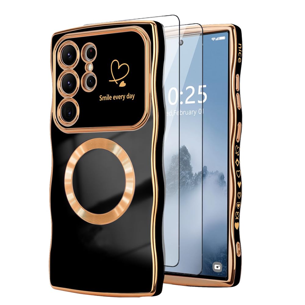 CaseLover Handyhülle für Samsung Galaxy S26 Ultra 5G Hülle mit 2 Schutzfolie, Magnetisch Handyhülle Wellen Lockige Form Galvanisierte Silikon Bumper Stoßfeste Schutzhülle für S26 Ultra, Schwarz