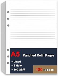 A5 Lined Paper Refill, 6 Hole Notebook Refills Paper for 6 Ring Refillable Binder, A5 Filler Paper, Loose Leaf Paper for F...