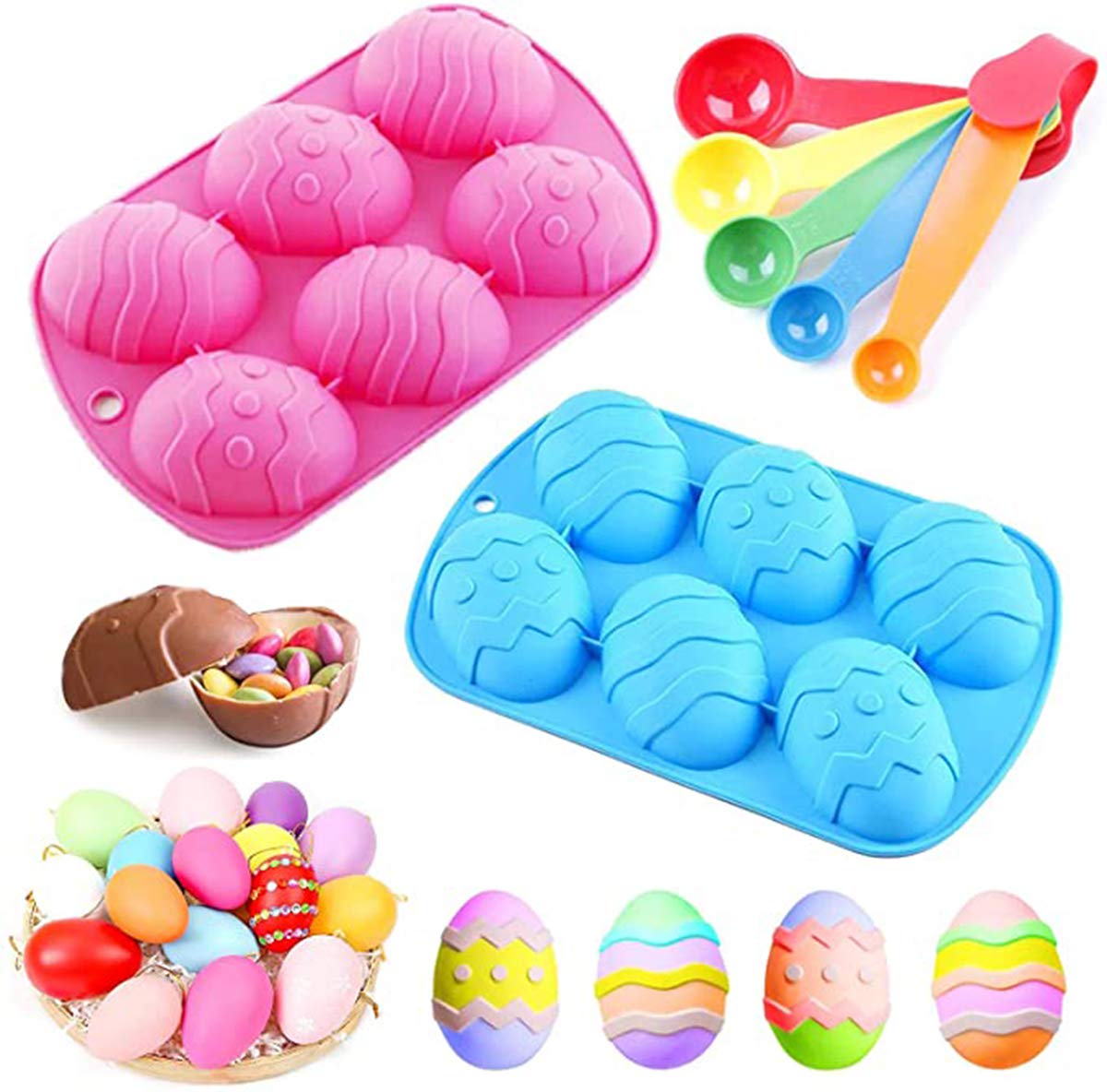 DELFINO 3D Egg Shape Silicone Cake Candy and Chocolate Non-stick Mold and Measure Spoons Set, Trays Cooking Supplies for DIY Chocolate, Candies, Soap, Ice Cube Trays Baking Molds