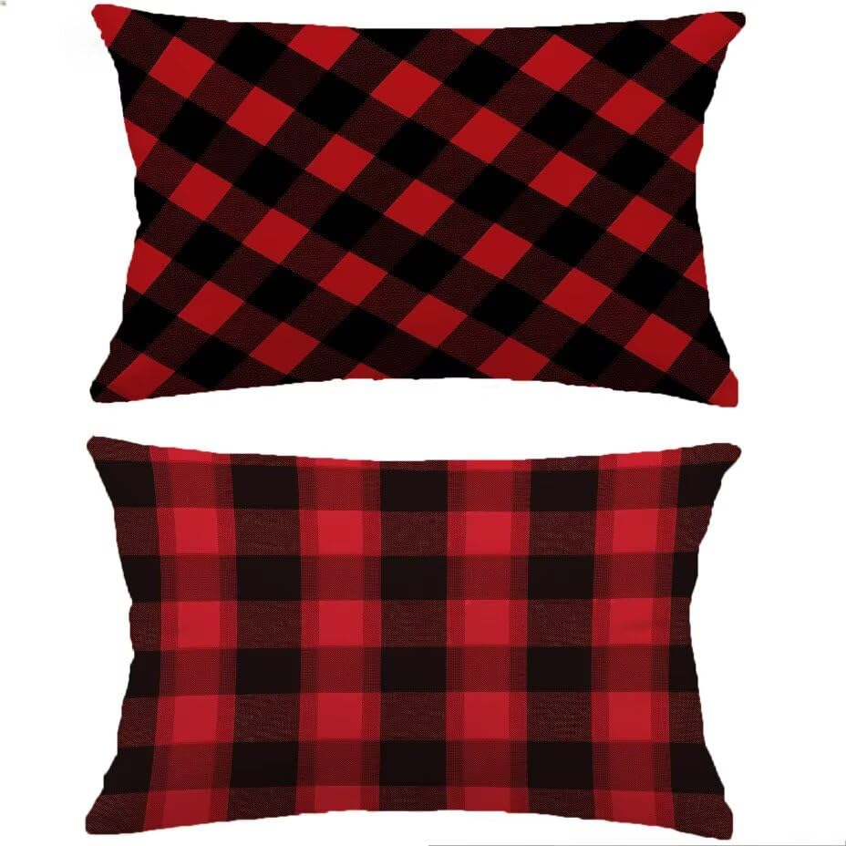 Housse de coussin de jardin aspect lin 60x80 rouge treillis décoratif