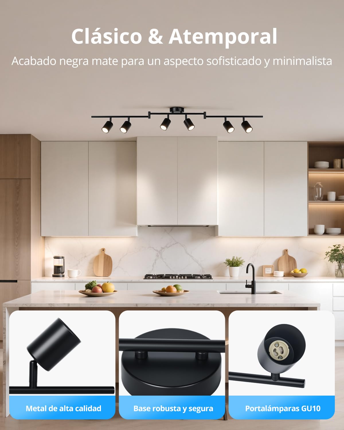 Gr4tec Lámpara de Techo Orientables 6 Focos, Moderno Focos LED Interior GU10, Luz de Techo Negro para Dormitorio Cocina Salon, Sin Bombillas