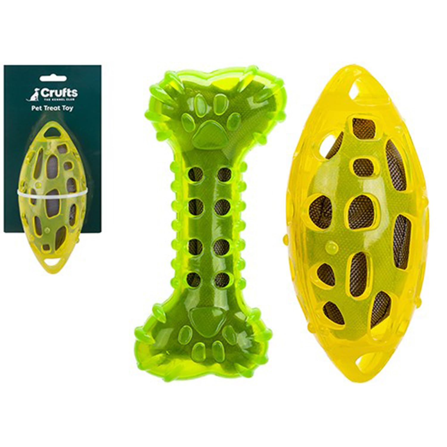 Crufts TPR Pet Treat Toy, 17cm (1 Pc.) - Assorted Ball/Bone (Green or Yellow), 2-in-1 Dental Care Dispenser with Dental Pimples