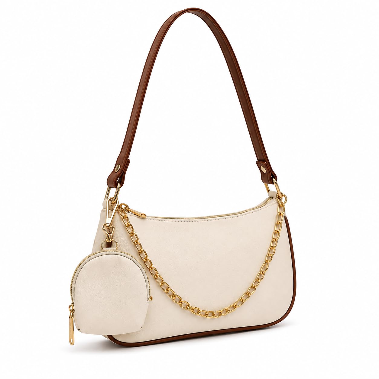 Shoulder Bag with Mini Coin & Key Pouch, Cream Faux Leather, Gold Chain-image-45