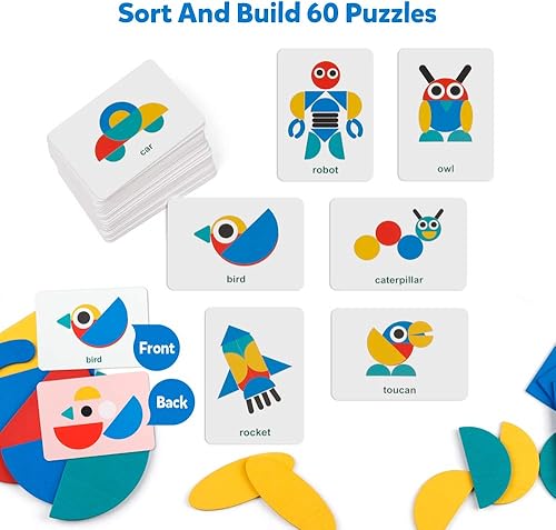 Miniatura 2 de Coogam - Juego de rompecabezas de madera con forma de Tangram, juego de apilamiento de clasificación de colores, rompecabezas de animales de madera,