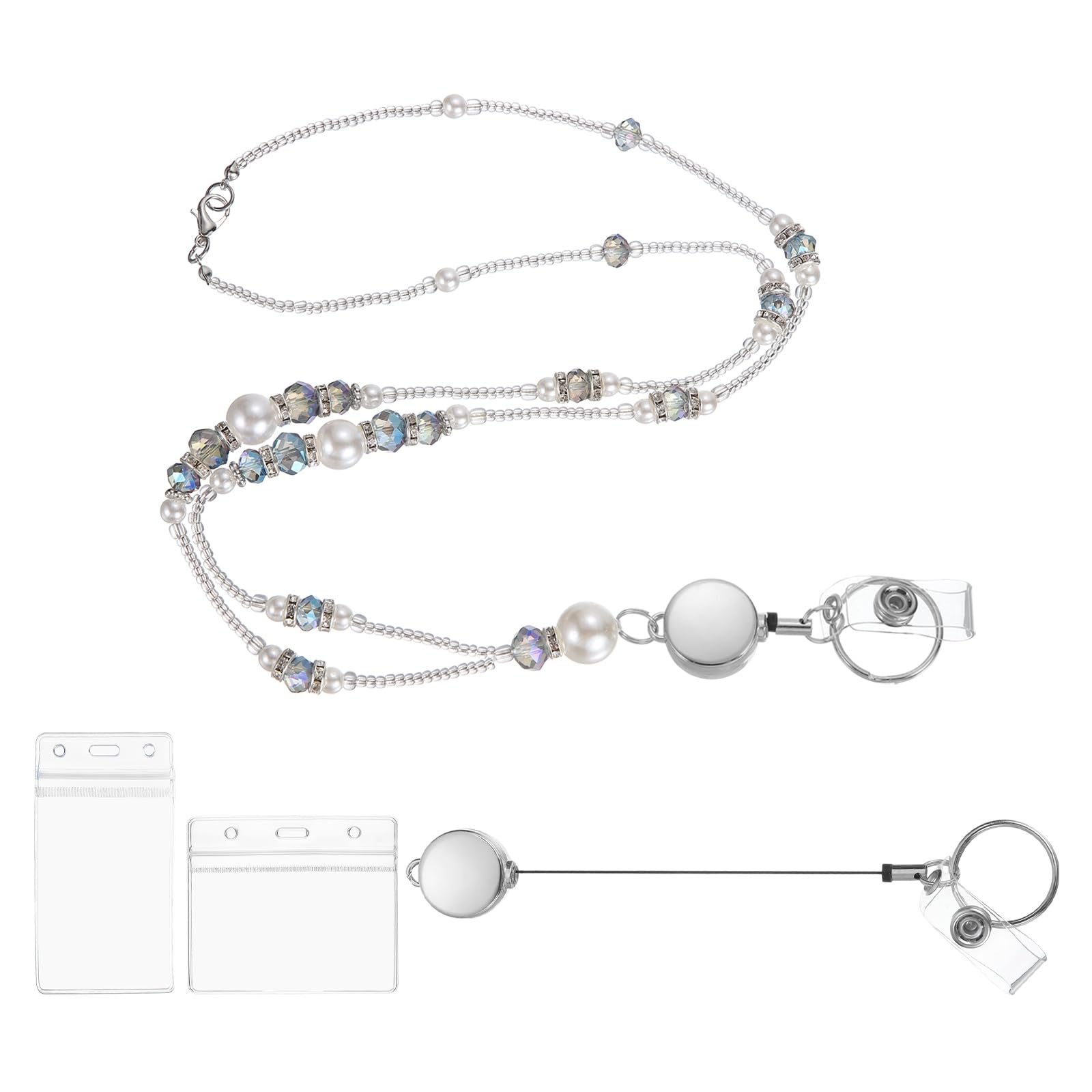 PATIKIL Beaded Lanyards for ID Badges, Cute Teacher Lanyard with Vertical & Horizontal ID Holders Retractable Breakaway Neck Strap for Women Teacher Gift Keys Chain Cards, Blue
