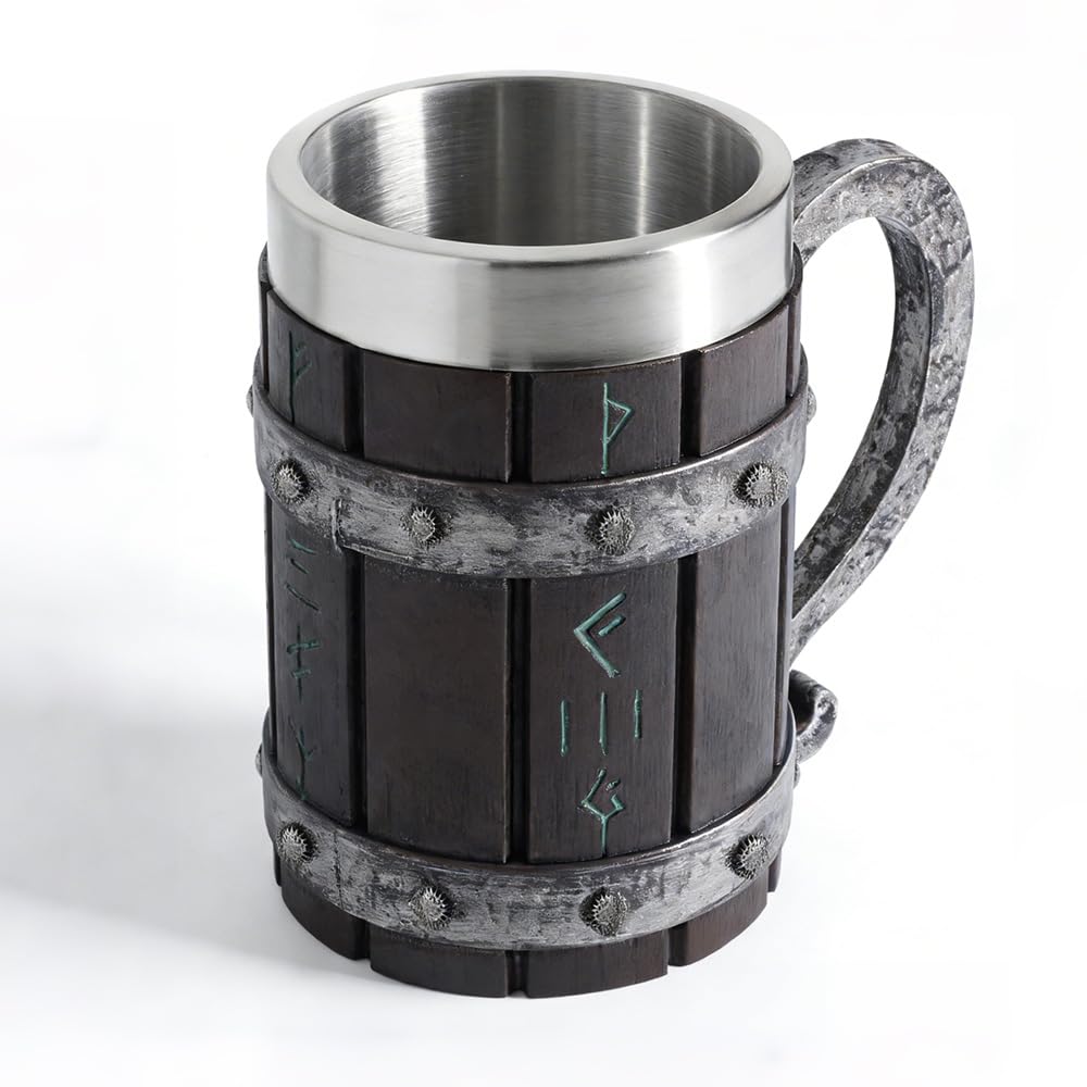 Jarra de cerveza vikinga de madera de 600ml con interior de acero inoxidable y runas