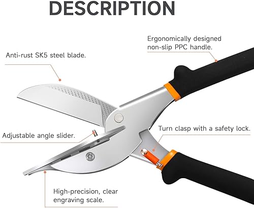 Miniatura 4 de TOWOT Tijeras de inglete, cortador de inglete angular, tijeras multifuncionales para corte angular, ajustables de 45 a 135 grados con bloqueo de