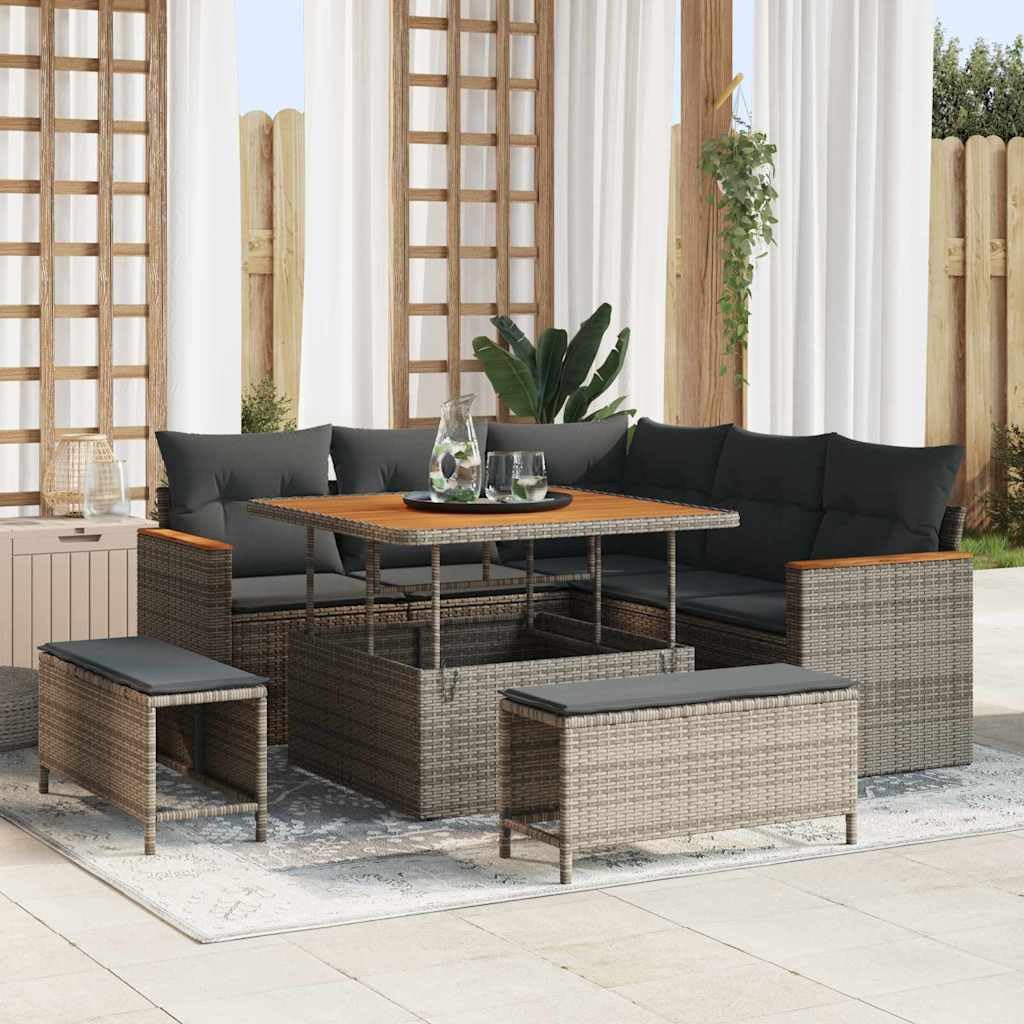 Set di mobili da giardino, 8 pezzi, in polyrattan, grigio, con