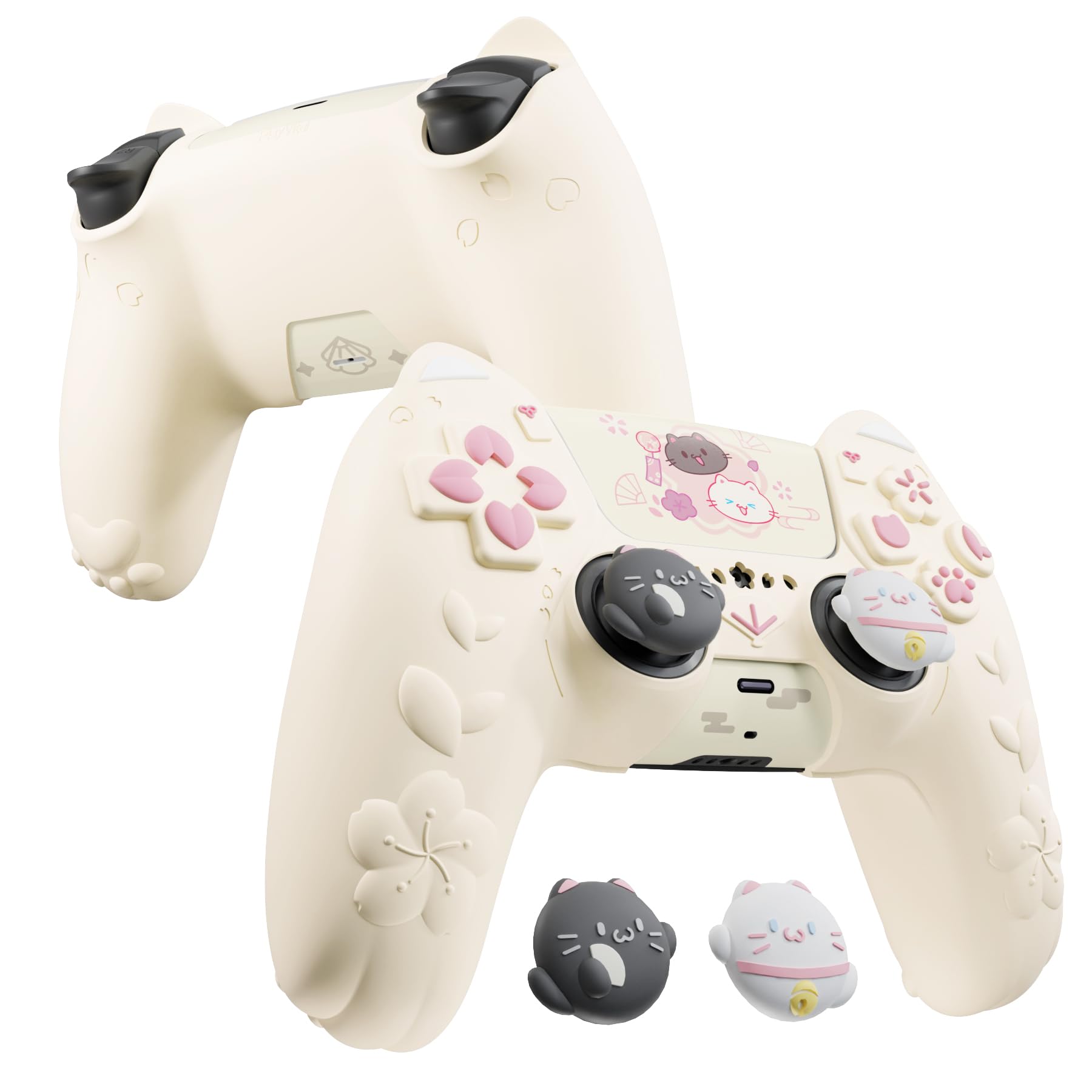 PlayVital Hülle für PS5 Controller, Kätzchen Serie Süße Schutzhülle für PS5 mit 3D Katzenohren, Daumengriff & Aufkleber, Kompatibel mit Ladestation, Anti-Rutsch, Antikgelb