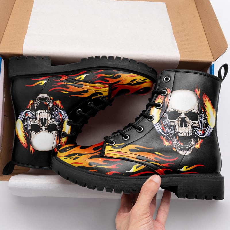 Image of Custom Black Combat Boots for Women Fashion Lace-Up Skull Rose Ankle Booties Chunky Heel Platform Leather Boots