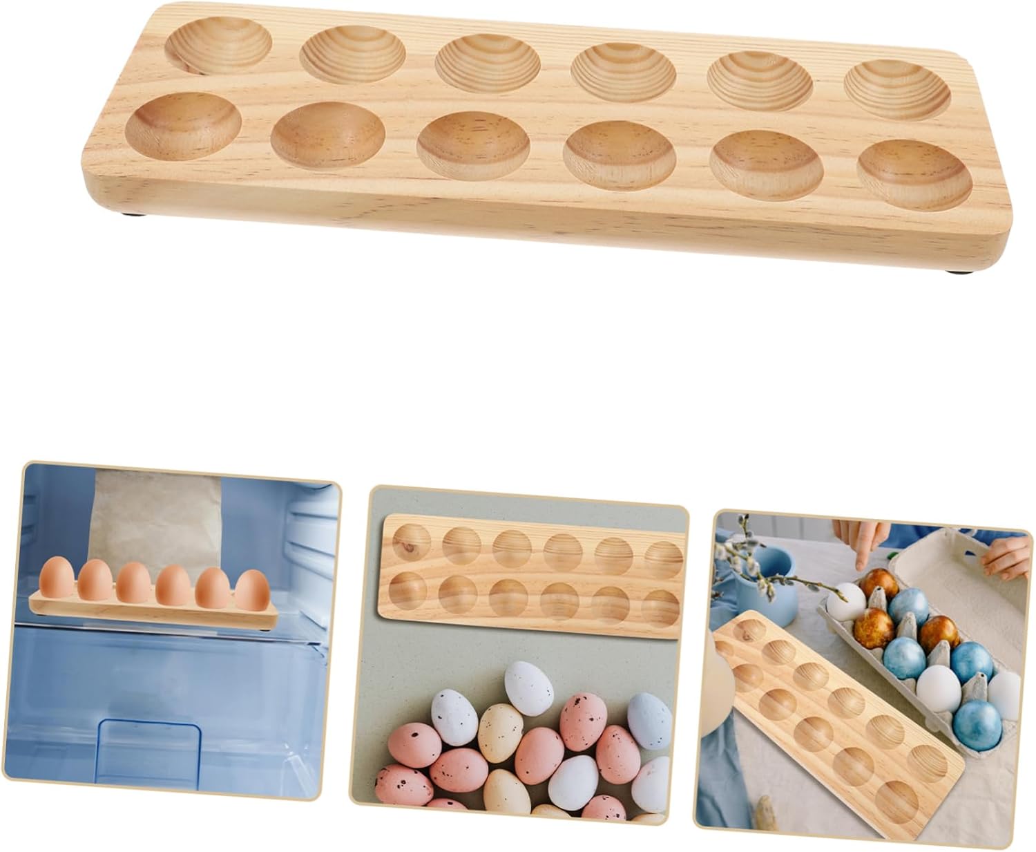 12-Cavity Wooden Egg Holder Rack Rustic Style Egg Storage Tray for Kitchen Countertop Stackable Design for Refrigerator Organization and Display
