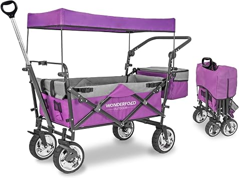 WONDERFOLD S4 Push & Pull Folding Utility Cart with Brakes, Removable Canopy, Telescopic Pull Handle & Adjustable Push Handle, 150 lb Capacity, Purple