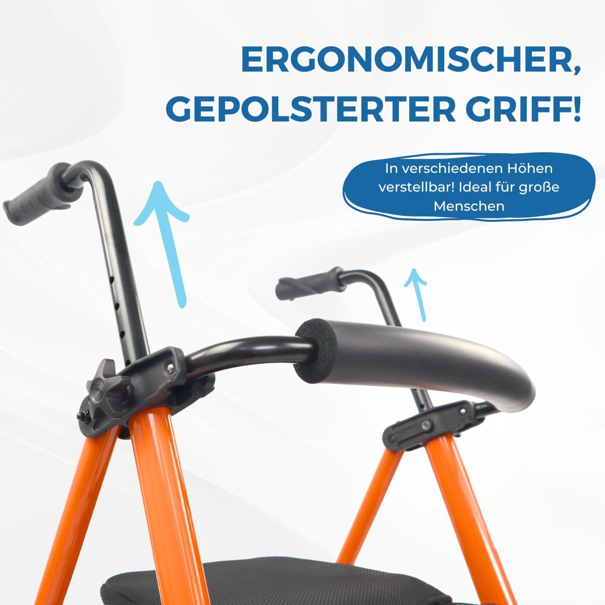Mobiclinic®, Gehbock mit Rollen Klappbar, Zusammenklappbar, Höhenverstellbar, Nerón, Rollator, Mit Sitz und Rückenlehne, 2 Räder und Rutschfeste Trittflächen, Ablagekorb, Leichtgewicht, Stahl, Orange