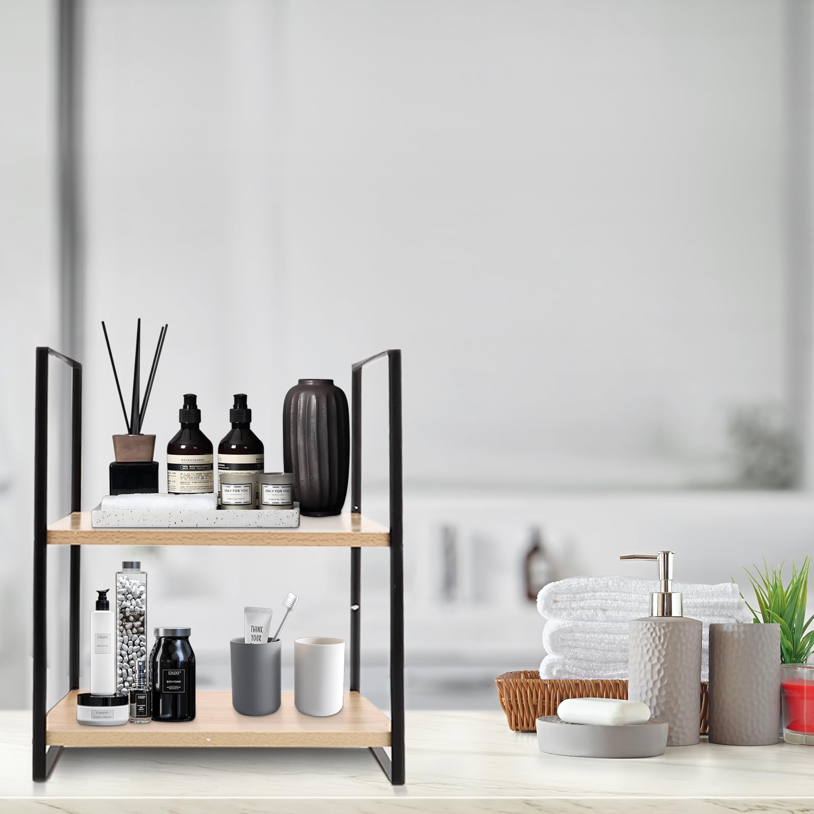 Mensola da scrivania, ripiano da cucina, mini scaffale in legno a 2 livelli, per scrivania, comò e cucina, piano di lavoro (nero + legno)