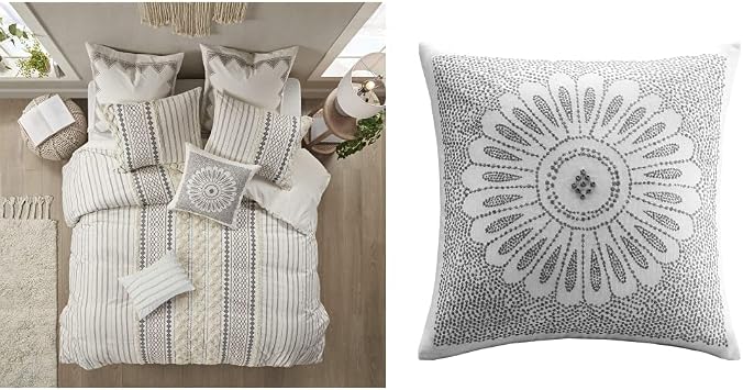 INK+IVY Comforter for King Size Bed, Chenille Tufted, Breathable Cotton Comforter Set King, All Season Modern Boho Comforter with Farmhouse Bedding Flare, 2 Matching Shams, King Ivory 3 Piece and INK+IVY Sofia Mid Century Modern Cotton Square Decorative Pillow Sofa Cushion Lumbar, Back Support, 20"x 20", Medallion Embroidery Grey
