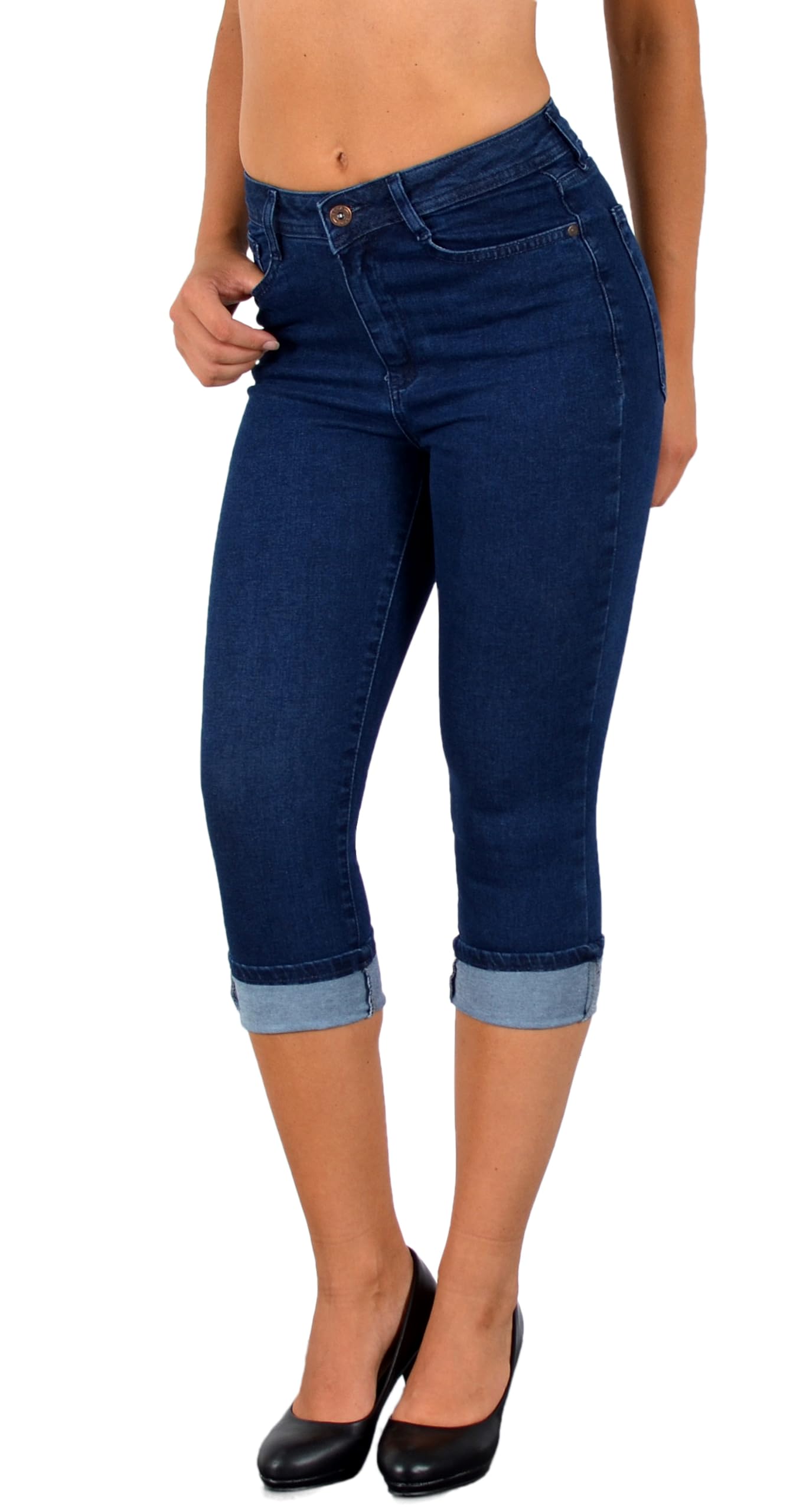 ESRA Damen Capri Hose Damen High Waist Caprihose Kurze Jeans Hose hoher Bund bis Übergröße C21