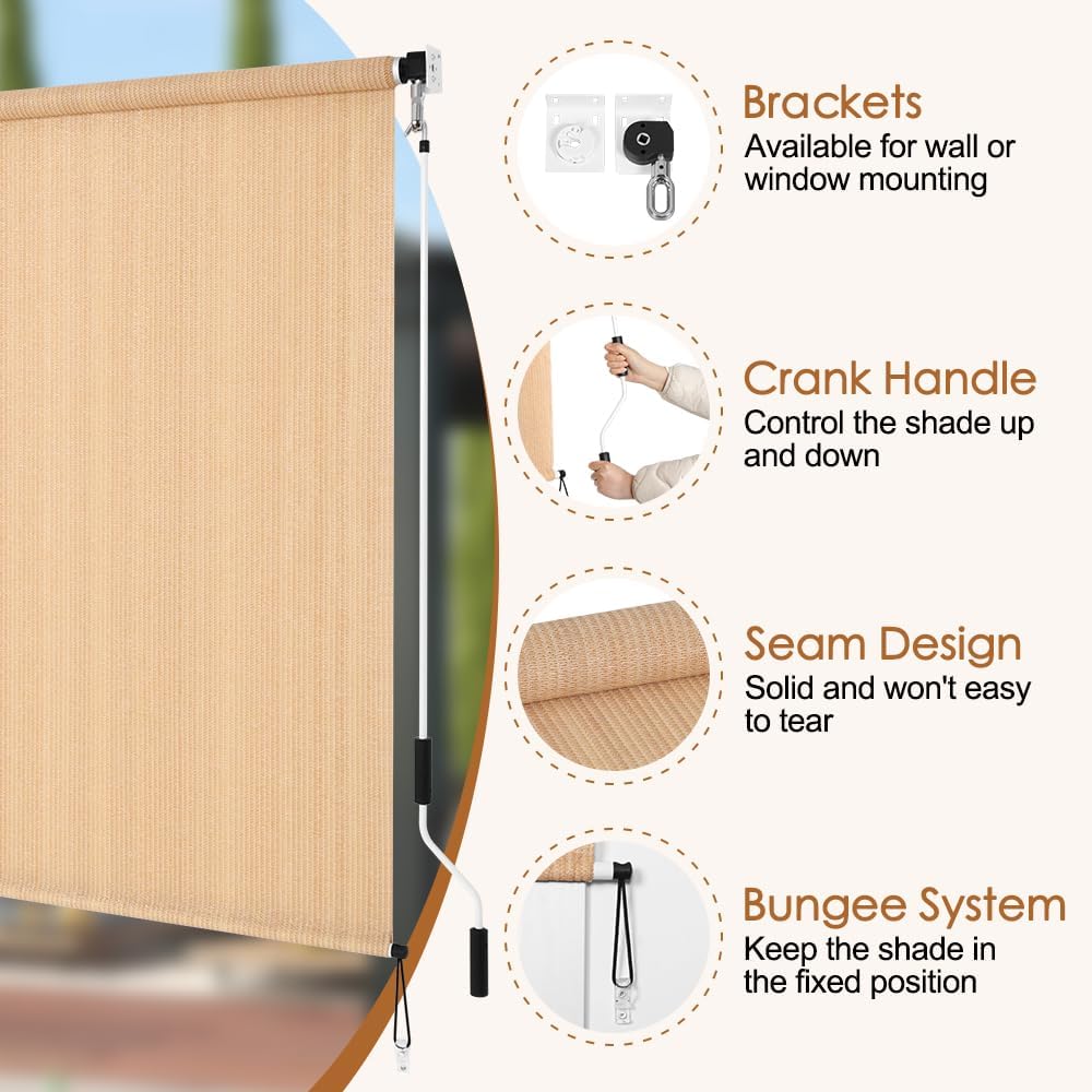 LUCKUP Outdoor Sunshade Roller Shades 5'Wx6'H (60" Wx72 H), Roll up Exterior Patio Shade Blinds Privacy Screen w/ 90% UV Protection Shade Cloth for Pergola Porch Gazebo Balcony, Walnut