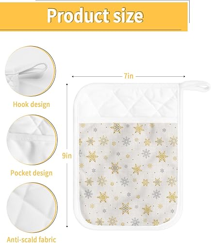 Miniatura 3 de Golden Snowflake 2Pcs Pot Holders for Kitchen, Non Slip & Heat Insulation Terry Cloth Potholder Set with Pocket, Thick Hot Pad Oven Mitts Trivet