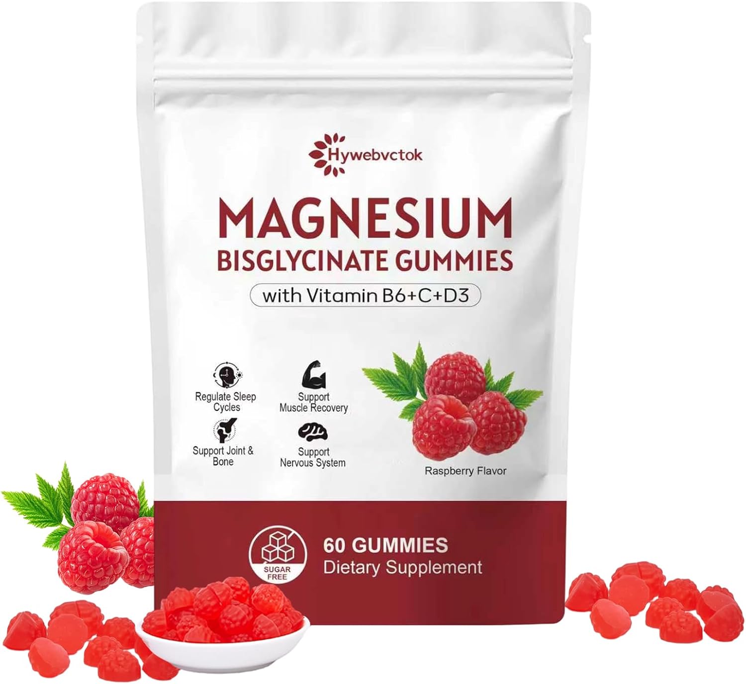 Hywebvctok 400mg Magnesium Bisglycinate Gummies with Vitamin B6, C, D3, Promotes Muscle & Nerve Function, Relaxation & Wellness, Raspberry Flavor, 60 Count