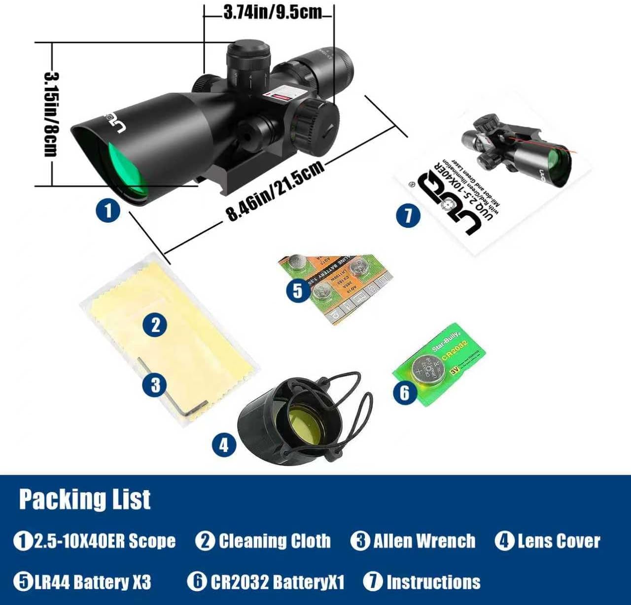 UUQ 2.5-10x40 Rifle Scope with Red/Green Illuminated Mil-dot with Red/Green Laser Combo-Green Lens Color,Tactical Scope for Gun Air Hunting,Free 20/11mm Mounts