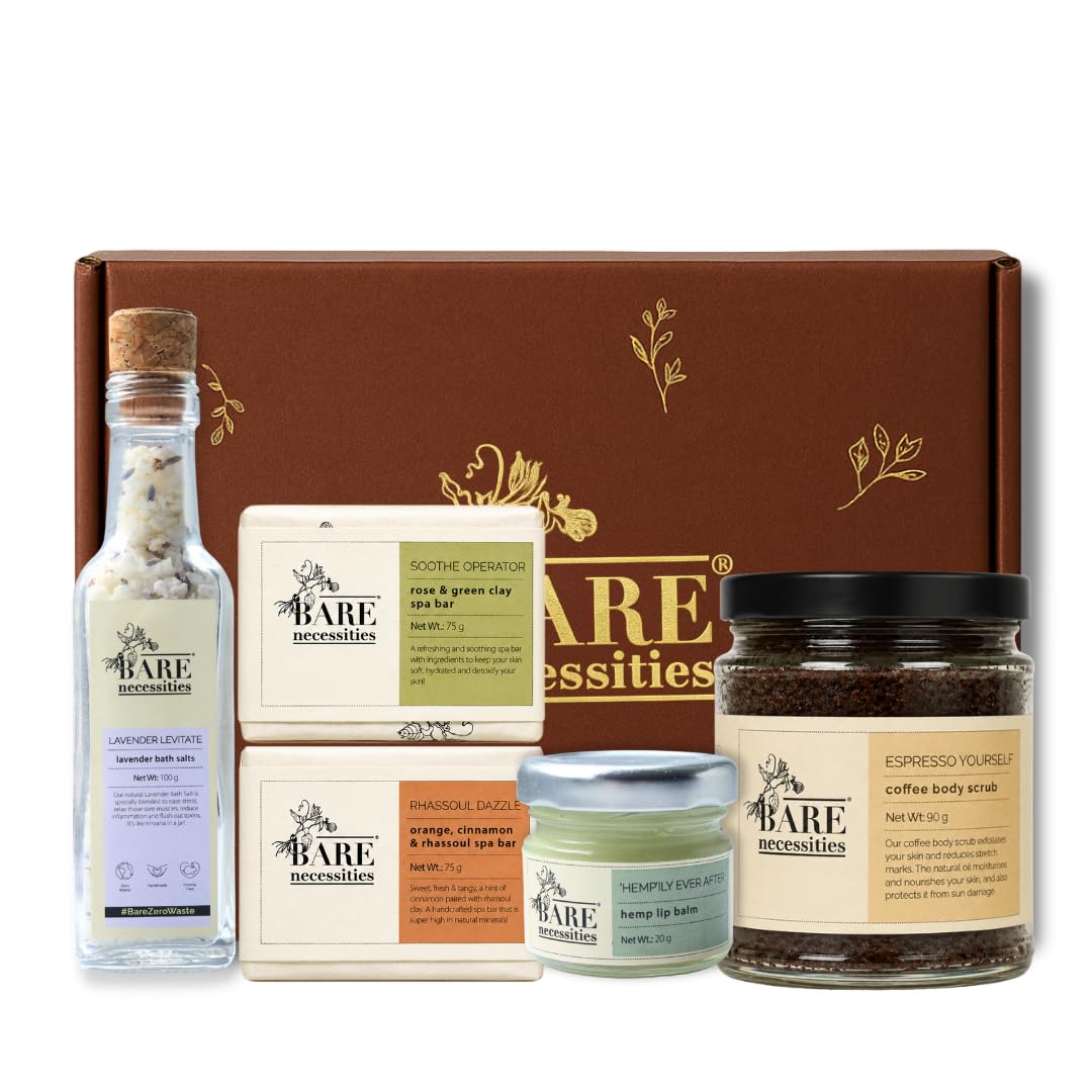Bare Necessities Luxury Skin Care Gift Set | Premium Gift with Organic Coffee Body Scrub, Bathing Bars, Bath Salt, Lip Balm | Ideal for Birthday, Anniversary | For Him & Her | PETA-certified Vegan-image-12