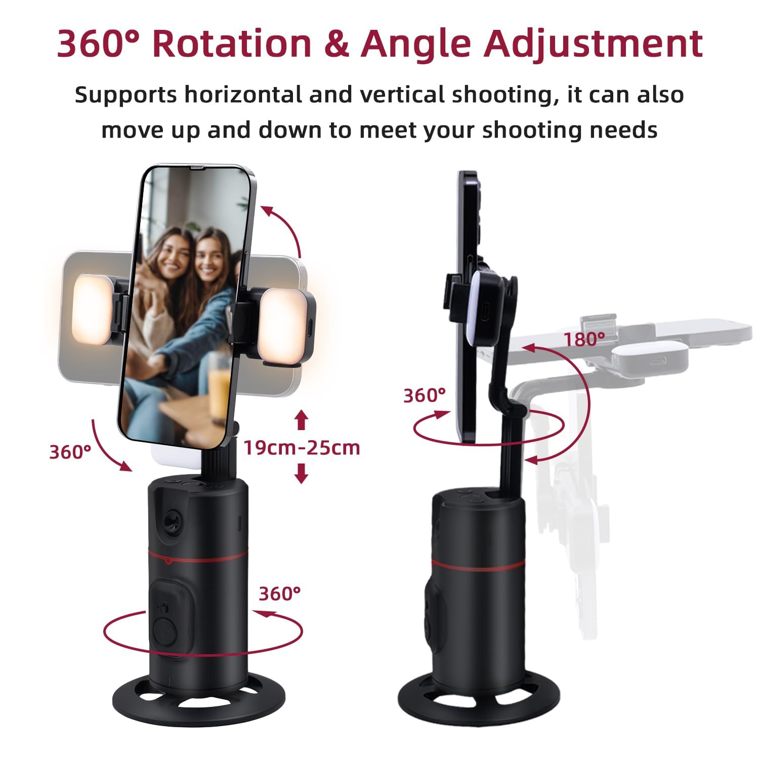 Mcbazel 360 Rotating Smart Face/Body Shooting Holder,Auto Face Tracking Tripod,Rechargeable Selfie Stick Phone Tripod with Fill Light for Vlog,Streaming,Video,Tiktok (Upgraded Version/No App)