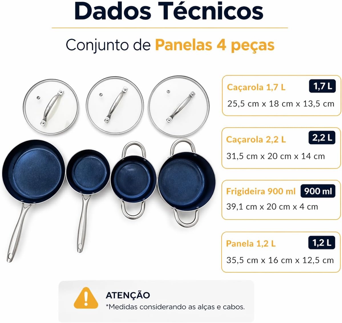 Tabela de dados técnicos com as dimensões e capacidades em litros de cada uma das 4 panelas.