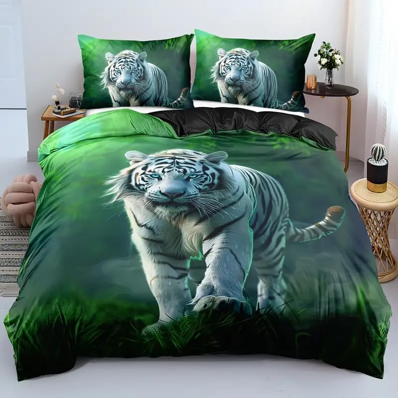 LYJKLST Blanc Tigre imprimé Housse de Couette pour Chambre Ado 1 Personne 150x200 Enfant Motif thème de la Faune Parure De Lit Animaux Sauvages Safari Chat...