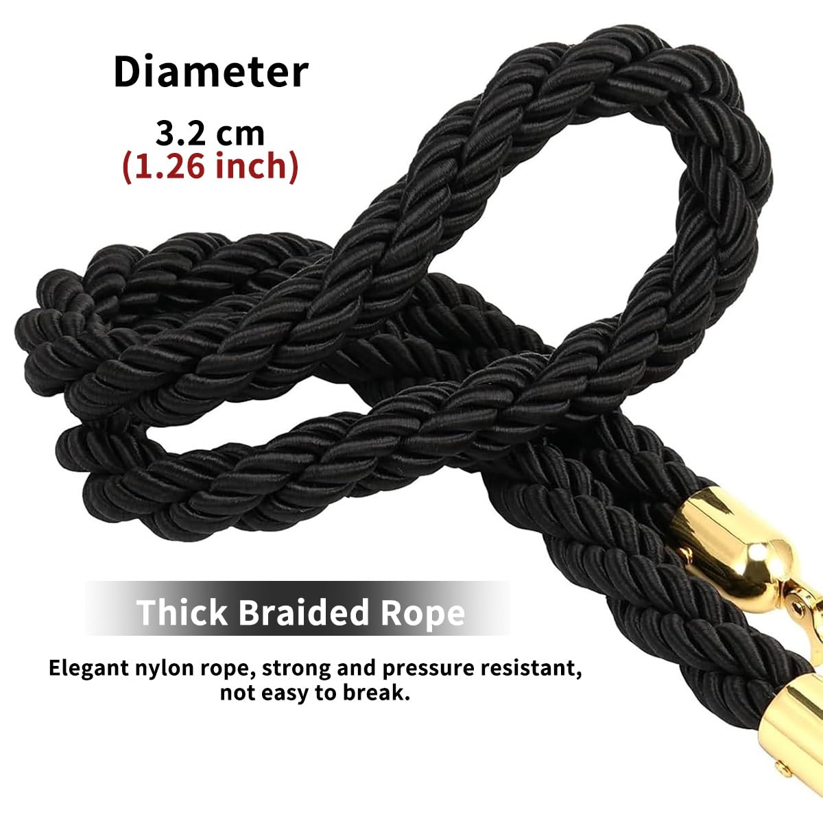 Lot de 4 cordes torsadées en nylon noir de 3,4 m avec crochets polis – Barrières de contrôle de la foule durables pour événements, festivals et gestion des files d'attente