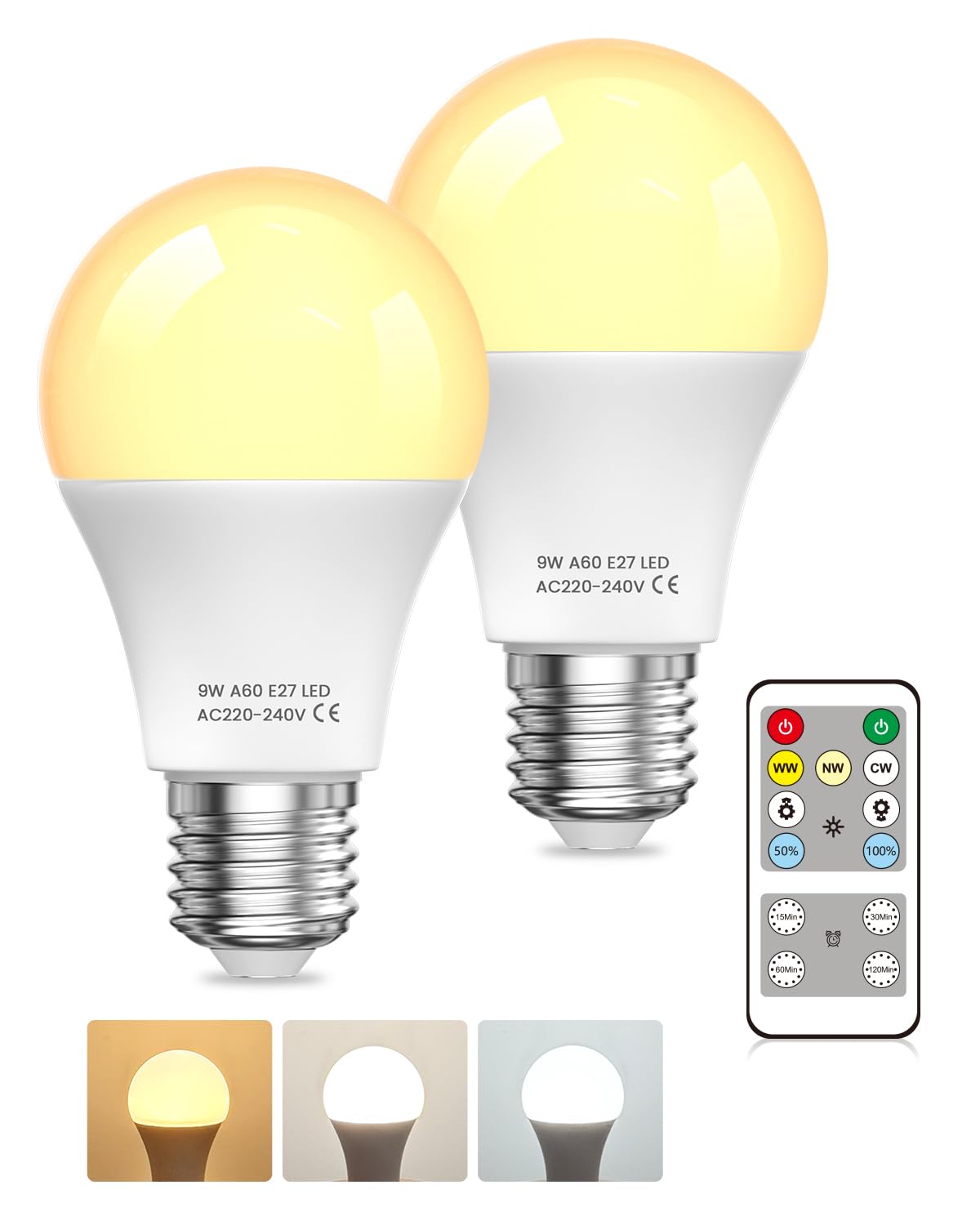 BrightArk LED Glühbirne E27 Mit Fernbedienung, LED Lampen 9W Äquivalent 60W, E27 Dimmbare Glühbirne, Ferngesteuerte Glühbirne mit Timing Funktion, 3 Farbtemperatur 3000K-6000K für Heimdekoration