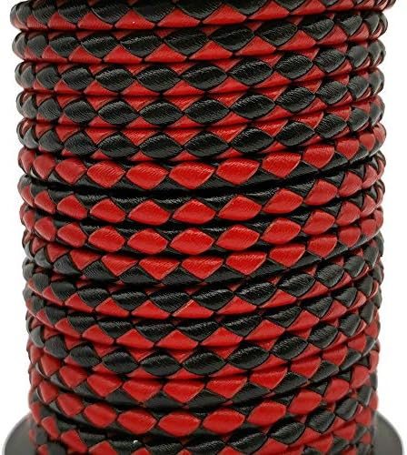 5 Yards 3mm Braided Leather Strap Round Folded Leather Cord Bracelet Necklace Making Bolo Tie (Black and Red)