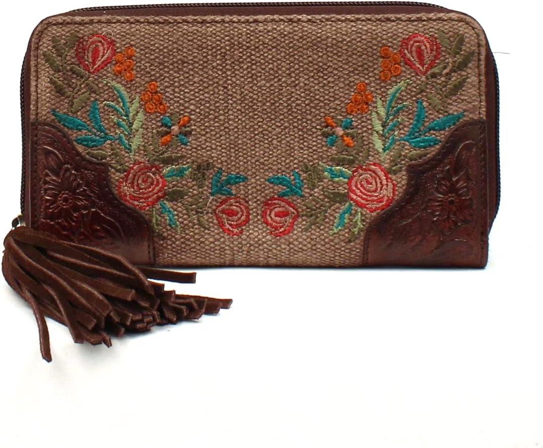 ARIAT Women's Clutch Audrey Collection Canvas Flower Fringe Handbag, Brown, One Size