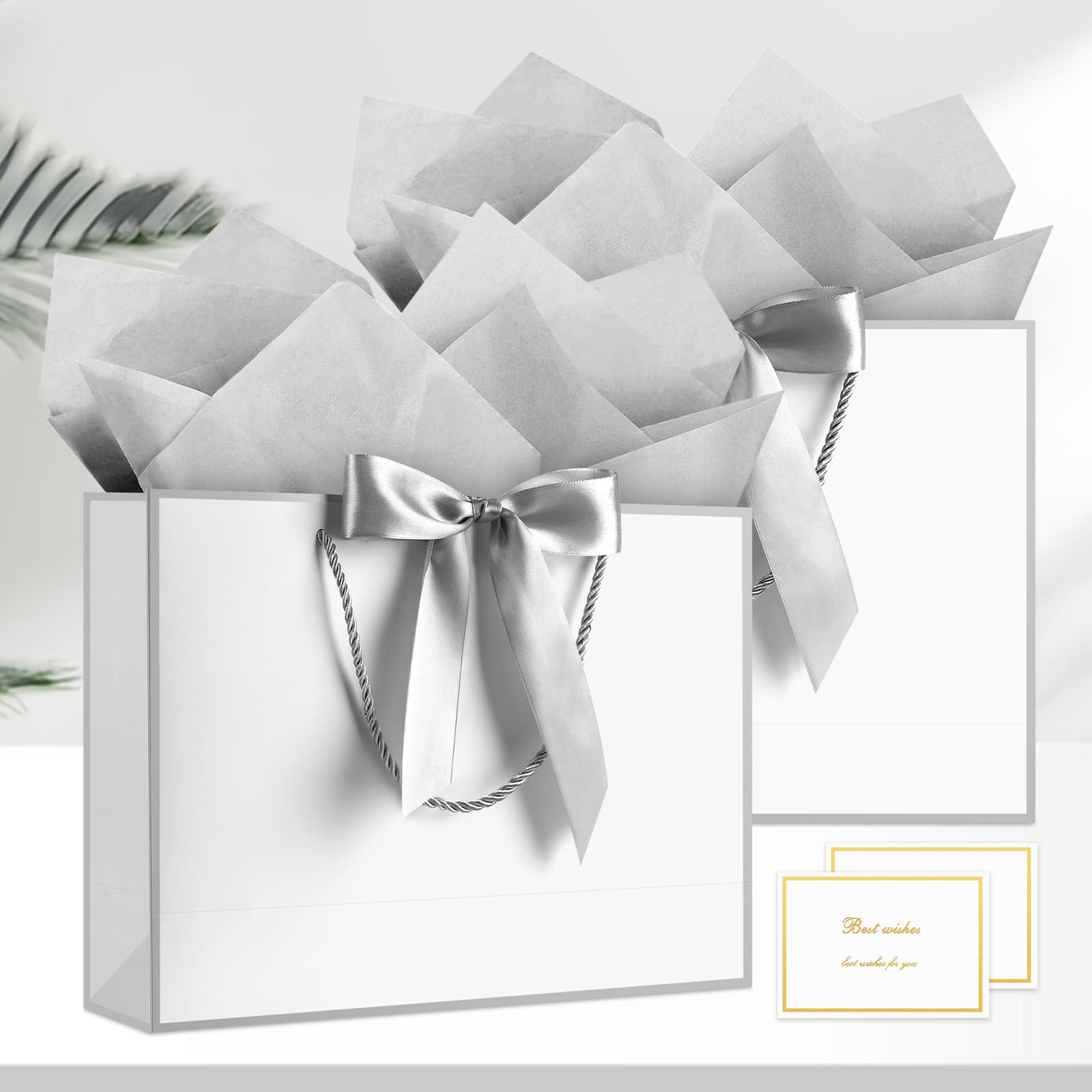 JMANNI Gift Bags with Handles, 13” Medium Gift Bag for Presents, 1 Pcs Bags with 2 Tissue Paper and 1 Cards for Baby Shower Wedding Bridal Shower Mother's Day Birthday Party (Silver)