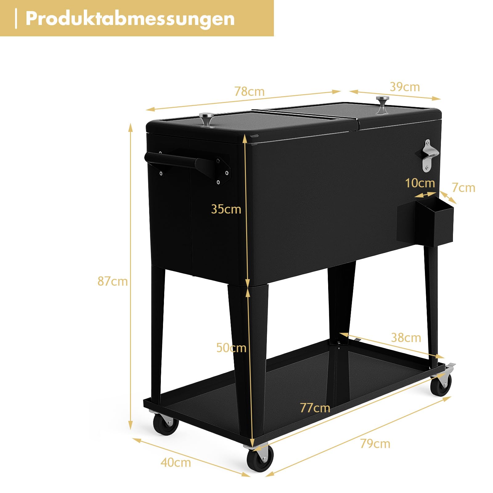 COSTWAY 76L Kühlwagen Beistellwagen, Servierwagen Kühlbox mit Rädern und Ablagefläche, Kühlbehälter Getränkewagen, Getränkekühler inkl. Flaschenöffner für Outdoor Terrassen Party (Schwarz)
