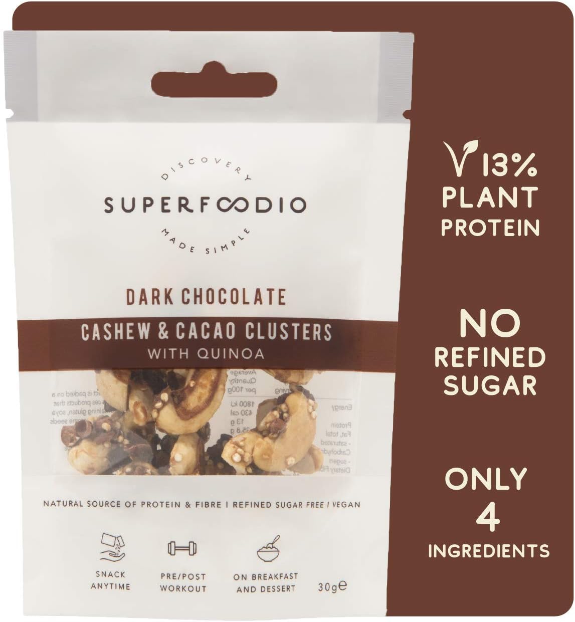 SUPERFOODIO Cashew & Cacao Clusters: Dark Chocolate | Vegan, All-Natural, No Refined Sugar - (30g x 7 packs)