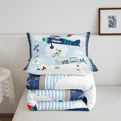 Miniatura 7 de Castle Fairy Juego de edredón de tamaño matrimonial de avión para niños, cielo azul y nubes blancas, juego de ropa de cama para niños, adultos,