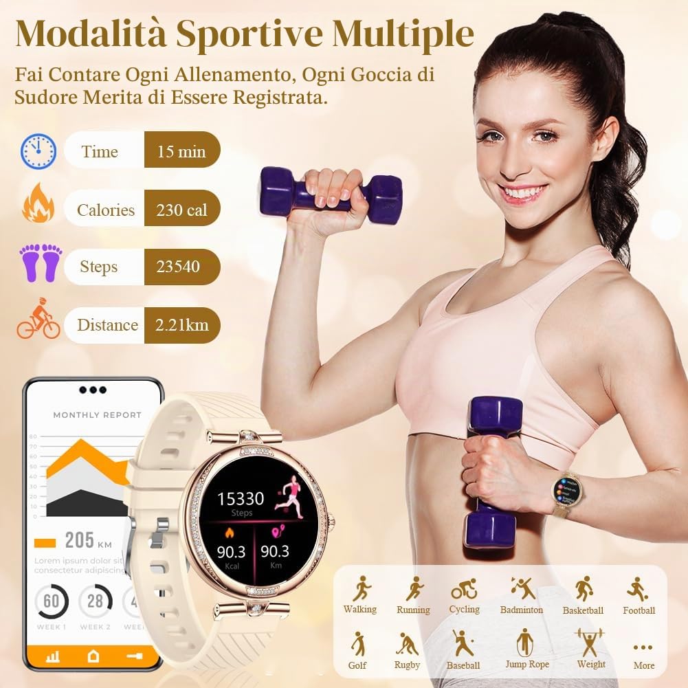 Vicloon Smartwatch Donna con Chiamate Bluetooth, 1.19" Fitness Orologio con Contapassi, 24H Cardiofrequenzimetro, Sonno, Ciclo Mestruale, Impermeabile IP68, Compatibile iOS/Android, Oro Rosa