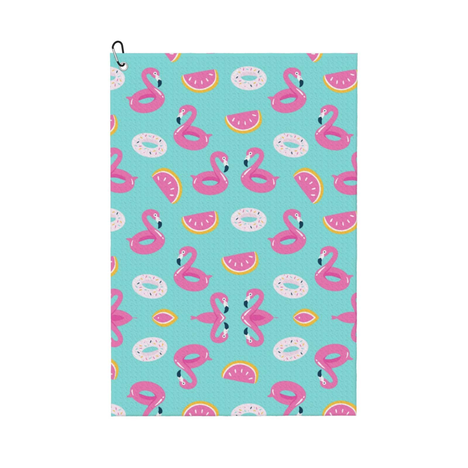 peiyeety Summer Pool Floating with Flamingo Microfiber Golf Towel with Carabiner Clip, 16x24 Inch Absorbent Waffle Weave Towel for Golf Bags