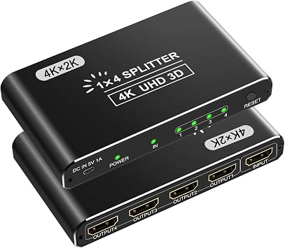 HDMI Splitter, 4K HDMI Splitters 1 in 4 Out for Dual Monitors Supports 3D Full HD 1080P Aluminum Compatible for PS4 Fire Stick HDTV1 Source to 4 Displays Black