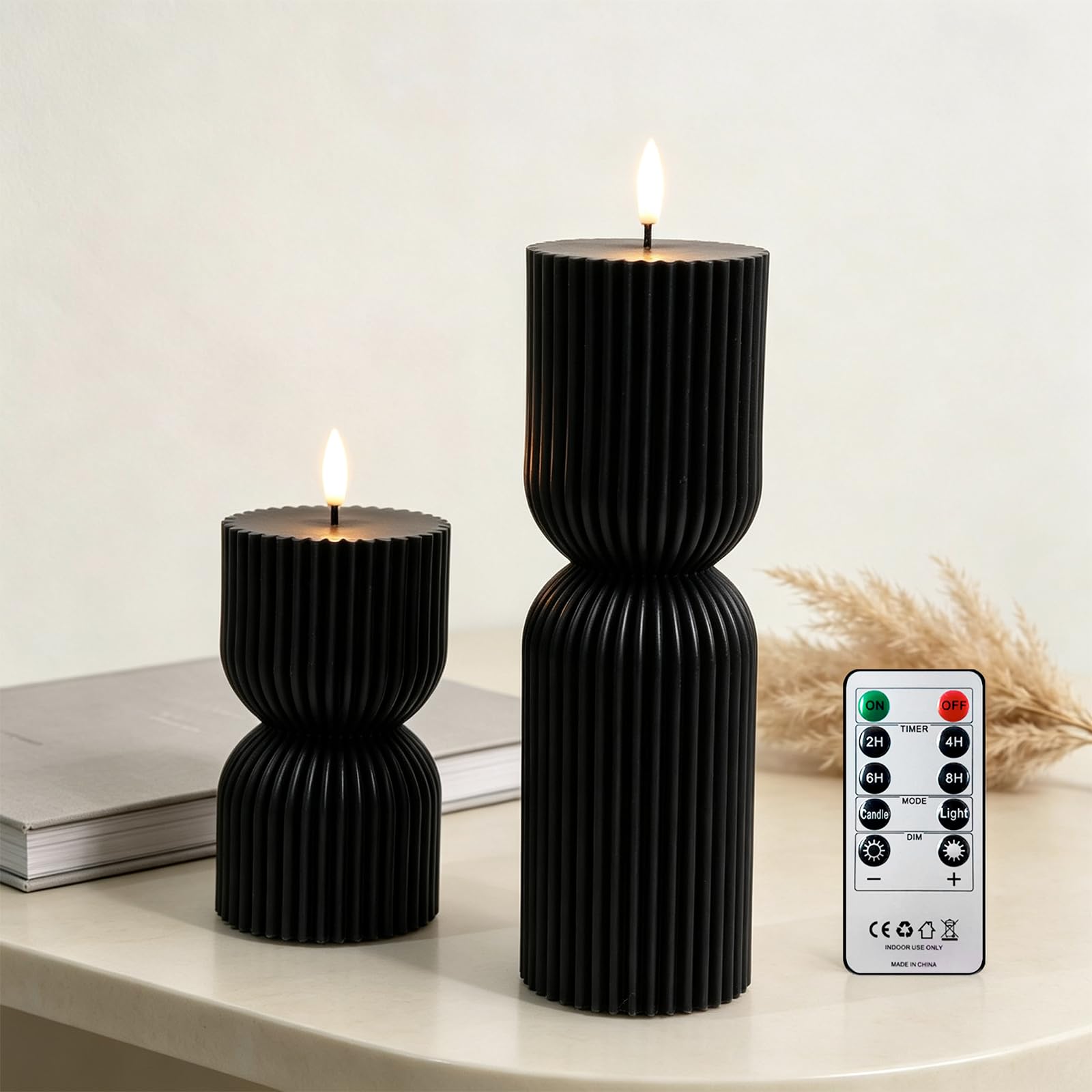 AnnSpa 2 Pack Stripe LED Candles with Timer Remote Control, Battery Operate Flameless Real Wax Flickering Wick, Yellow Light Pillar Candles for Wedding Dinner Christmas Holiday Decor Candles - Black