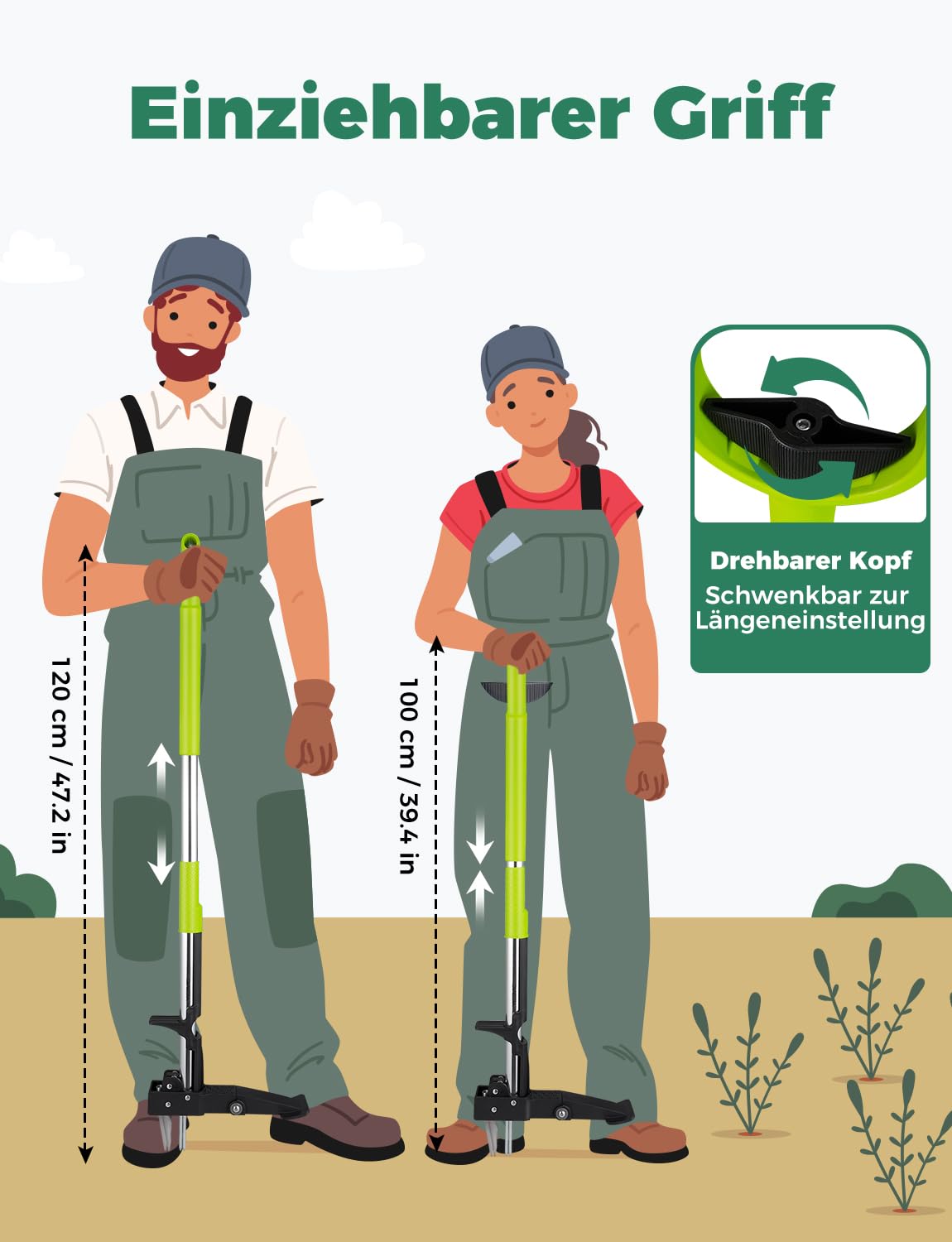 YISSVIC Unkrautstecher mit Stiel Teleskop Länge 100 CM-120 cm Hochfester Edelstahl 4 Krallen Unkrautentferner Keine Montage Grün