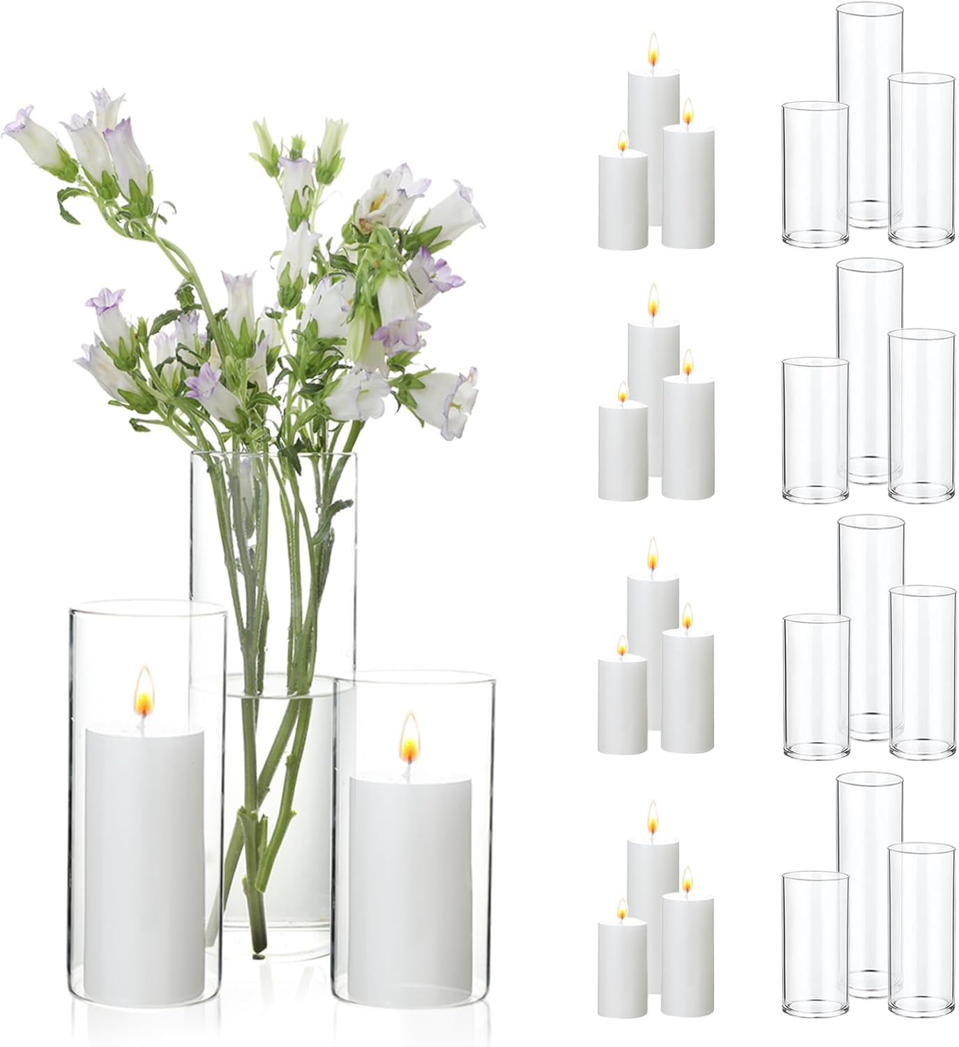 UDU Set of 12 White Pillar Candles and 12 Glass Cylinder Vases Hurricane Holders, Slim Pillar Candle Holder, Cylinder Vases for Centerpieces Wedding Table Party Home Decor(2.6" X 4.7", 5.9", 7.9") 12 SET 2.6" X 4.7", 6", 8"
