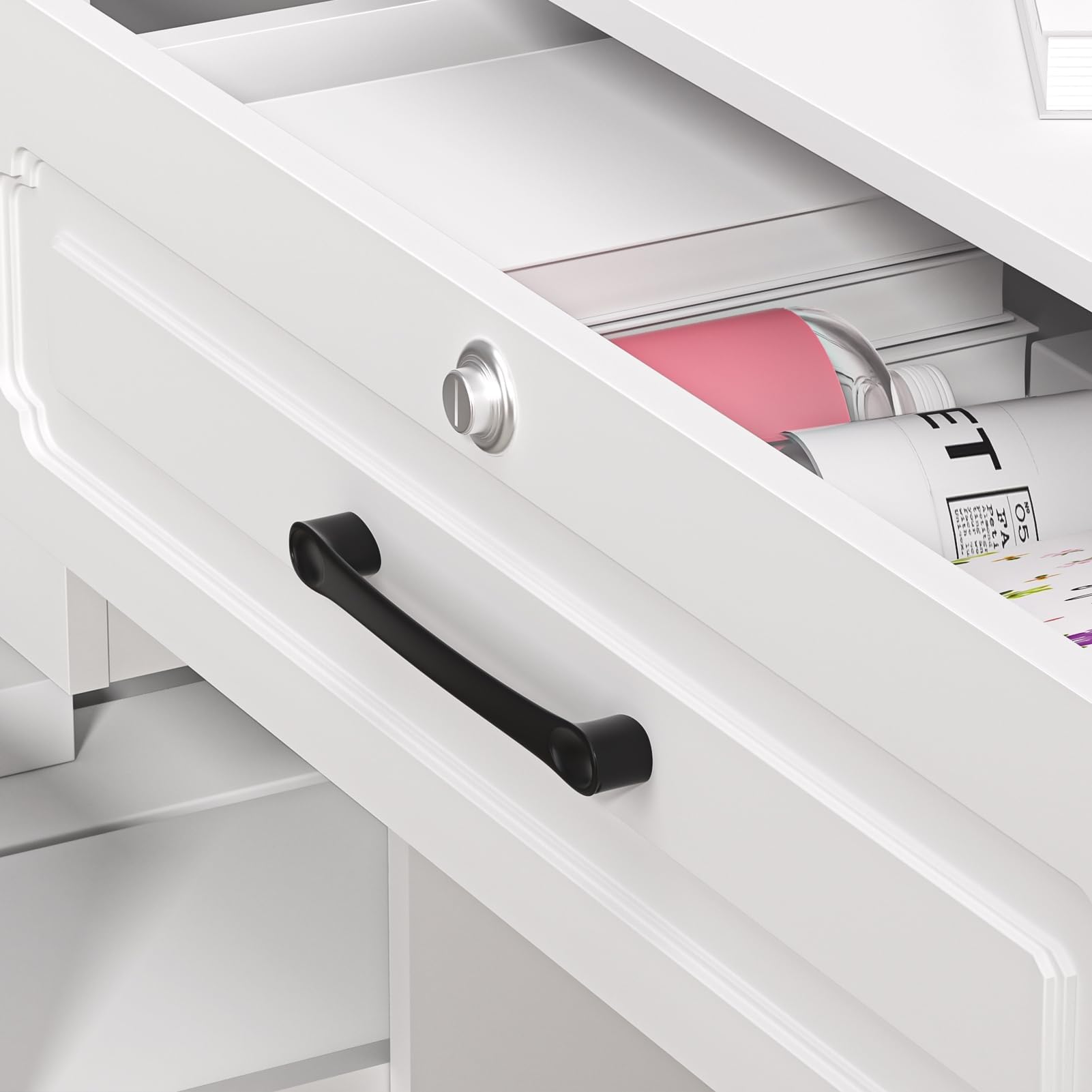 Mesa de tocador de maquillaje con espejo y estantes de almacenamiento de luces, 4 cajones, tocador y silla para dormitorio de niñas