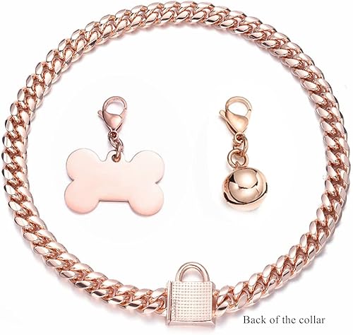 Miniatura 5 de Collar de perro con cadena de oro rosa de 0.394 pulgadas0.555 pulgadas, collar de perro con eslabones cubanos a prueba de mordidas, collar de cadena